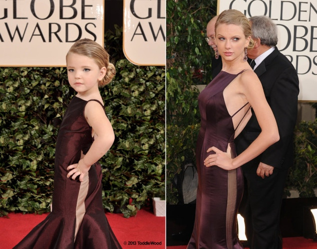 Mẫu nhí mô diễn tả lại điệu bộ của “công chúa nhạc đồng quê” Taylor Swift trong chiếc váy của Donna Karan Atelier. Mẫu nhí mô diễn tả lại điệu bộ của “công chúa nhạc đồng quê” Taylor Swift trong chiếc váy của Donna Karan Atelier.