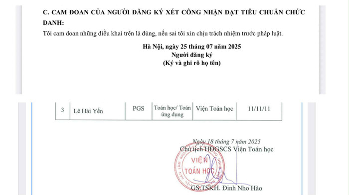 Thời gian kê khai trong lý lịch khoa học của ứng viên trên website Hội đồng Giáo sư Nhà nước và thời gian ký Danh sách ứng viên được Hội đồng Giáo sư cơ sở Viện Toán học năm 2025. Ảnh chụp màn hình. attibbfd0jvuyoaies7brwxcszgc64uotujoegcjn4eros.jpg