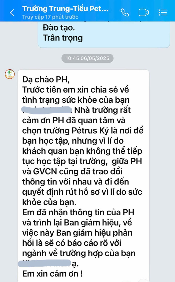 Thông tin phản hồi của nhà trường sau khi phụ huynh học sinh T.K.N khiếu nại lên Sở Giáo dục và Đào tạo tỉnh Bình Dương. Ảnh: PHCC z6637868317407-47143ac6db8e36fceef151d82a03756e.jpg