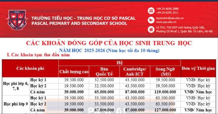 Học phí hệ Cambridge/Anh-ICT tại Trường Tiểu học - Trung học Pascal. Ảnh chụp màn hình. thcs-1-7904.jpg