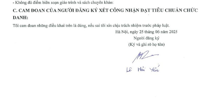 Bản kê khai của Tiến sĩ Lê Hải Yến được Hội đồng Giáo sư cơ sở Viện Toán học, Viện Hàn lâm Khoa học và Công nghệ Việt Nam công khai có thời gian ký ngày 25/6. Ảnh chụp màn hình. attzxf76ladyud1rjkd2lbzcwzbtfedjab8q6jd7nwpvvi.jpg
