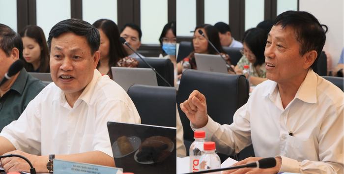 Giáo sư, Tiến sĩ khoa học Nguyễn Hữu Đức (bên trái) và Giáo sư, Tiến sĩ Mai Trọng Nhuận (bên phải) đánh giá về tính thực tiễn của các chương trình đào tạo được thẩm định. thu-vien-2-hinh-anh-2.png