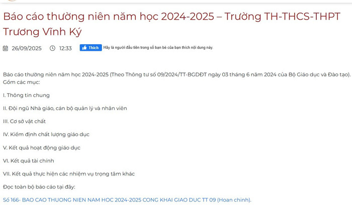 Sau phản ánh của Tạp chí, nhà trường đã đăng tải bổ sung báo cáo thường niên theo quy định. Ảnh chụp màn hình. screenshot-2025-09-28-044405.jpg