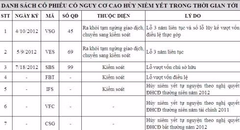 Dnah sách những cổ phiếu có nguy cơ cao bị hủy niêm yết. Nguồn: HSX