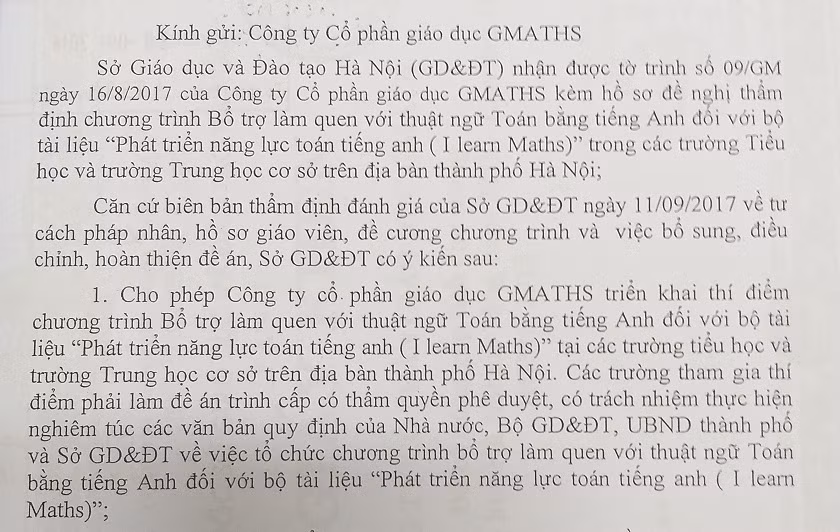 Sở chỉ cho phép Gmaths triển khai thí điểm chương trình bổ trợ làm quen với thuật ngữ toán bằng tiếng Anh chứ không dạy toán bằng tiếng Anh (ảnh Trinh Phúc). Sở chỉ cho phép Gmaths triển khai thí điểm chương trình bổ trợ làm quen với thuật ngữ toán bằng tiếng Anh chứ không dạy toán bằng tiếng Anh (ảnh Trinh Phúc).
