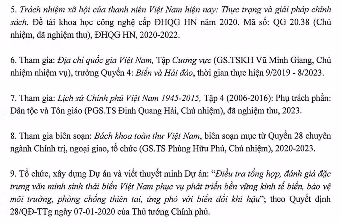 Danh mục đề tài tham gia đã được nghiệm thu trong 5 năm liền kề với thời điểm được bổ nhiệm thành viên Hội đồng gần đây nhất của Giáo sư Nguyễn Văn Kim (ảnh chụp màn hình bản kê khai của thầy Kim)