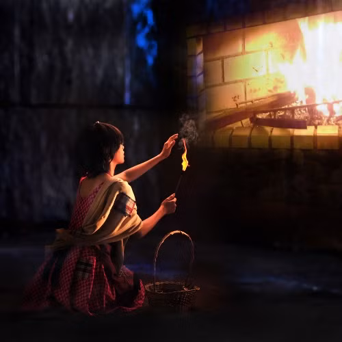 Rét dữ dội. Tuyết rơi. Trời đã tối hẳn. Đêm nay là đêm giao thừa. Giữa trời đông giá rét, một em gái nhỏ đầu trần, chân đi đất, đang dò dẫm trong đêm tối. Lúc ra khỏi nhà em có đi giày vải, nhưng giày vải phỏng có tác dụng gì kia chứ! Giày ấy của mẹ em để lại, rộng quá, em đã liên tiếp làm văng mất cả hai chiếc khi chạy qua đường, vào lúc hai chiếc xe ngựa đang phóng nước đại. Chiếc thứ nhất bị xe song mã nghiến, rồi dính theo tuyết vào bánh xe; thế là mất hút. Còn chiếc thứ hai, một thằng bé lượm được, cười sằng sặc, đem tung lên trời. Nó còn nói với em bé rằng nó sẽ giữ chiếc giày để làm nôi cho con chó sau này. Thế là em phải đi đất, chân em đỏ ửng lên, rồi tím bầm lại vì rét. Chiếc tạp dề cũ kỹ của em đựng đầy diêm và tay em còn cầm thêm một bao Em cố kiếm một nơi có nhiều người qua lại. Nhưng trời rét quá, khách qua đường đều rảo bước rất nhanh, chẳng ai đoái hoài đến lời chào hàng của em. Suốt ngày em chẳng bán được gì cả và chẳng ai bố thí cho em chút đỉnh. Em bé đáng thương vẫn lang thang trên đường. Cửa sổ mọi nhà đều sáng rực ánh đèn và trong phố sực nức mùi ngỗng quay. Chả là đêm giao thừa mà! Em tưởng nhớ lại năm xưa, khi bà nội hiền hậu của em còn sống, em cũng được đón giao thừa ở nhà. Nhưng thần chết đã đến cướp bà em đi mất, gia sản tiêu tán và gia đình em đã phải lìa ngôi nhà xinh xắn có dây trường xuân leo quanh, nơi em đã sống những ngày đầm ấm, để đến chui rúc trong một xó tối tăm, luôn luôn nghe những lời mắc nhiếc, chửi rủa... Em ngồi nép trong một góc tường, giữa hai ngôi nhà, một cái xây lùi lại một chút. Em thu đôi chân vào người, nhưng mỗi lúc em càng thấy rét buốt hơn. Tuy nhiên, em không thể nào về nhà nếu không bán được ít bao diêm, hay không ai bố thí cho một đồng xu nào đem về; nhất định là cha em sẽ đánh em. Vả lại, ở nhà cũng rét thế thôi. Cha con em ở trên gác, sát mái nhà và, mặc dầu đã nhét giẻ rách vào các kẽ hở trên vách, gió vẫn thổi rít vào trong nhà. Lúc này đôi bàn tay em đã cứng đờ ra. Chà! Giá quẹt một que diêm lên mà sưởi cho đỡ rét một chút nhỉ? Giá em có thể rút một que diêm ra quẹt vào tường mà hơ ngón tay nhỉ? Cuối cùng em đánh liều quẹt một que diêm. Diêm bén lửa thật là nhạy. Ngọn lửa lúc đầu xanh lam, dần dần biếc đi, trắng ra, rực hồng lên quanh que gỗ, sáng chói trông đến vui mắt. Em hơ đôi tay trên que diêm sáng rực như than hồng. Chà! Ánh sáng kỳ diệu làm sao! Em tưởng chừng như đang ngồi trước một lò sưởi bằng sắt có những hình nổi bằng đồng bóng nhoáng. Trong lò, lửa cháy nom đến vui mắt và tỏa ra hơi nóng dịu dàng. Em quẹt que diêm thứ hai, diêm cháy và sáng rực lên. Bức tường như biến thành một tấm rèm bằng vải màn. Em nhìn thấu tận trong nhà. Bàn ăn đã dọn, khăn trải trắng tinh... ... trên bàn bày toàn bát đĩa bằng sứ quý giá, và có cả một con ngỗng quay. Nhưng điều kỳ diệu nhất là ngỗng ta nhảy ra khỏi dĩa và mang cả dao ăn, phóng sết, cắm trên lưng, tiến về phía em bé. Em quẹt que diêm thứ ba. Bỗng em thấy hiện ra một cây thông Noel. Cây này lớn và trang trí lộng lẫy hơn cây mà em đã được thấy năm ngoái qua cửa kính một nhà buôn giàu có... Em với đôi tay về phía cây... nhưng diêm tắt.... Em quẹt một que diêm nữa vào tường, một ánh sáng xanh tỏa ra xung quanh và em bé nhìn thấy rõ ràng là bà em đang mỉm cười với em. - Bà ơi! Em bé reo lên, cho cháu đi với! Cháu biết rằng diêm tắt thì bà cũng biến đi mất như lò sưởi, ngỗng quay và cây Noel ban nãy, nhưng xin bà đừng bỏ cháu ở nơi này; trước kia, khi bà chưa về với thượng đế chí nhân, bà cháu ta đã từng sung sướng biết bao! Dạo ấy bà đã từng nhủ cháu rằng nếu cháu ngoan ngoãn cháu sẽ được gặp lại bà: Bà ơi, cháu van bà, bà xin với Thượng Đế chí nhân cho cháu về với bà. Chắc Người không từ chối đâu. Que diêm tắt phụt và ảo ảnh rực sáng trên khuôn mặt em bé cũng biến mất. Thế là em quẹt tất cả những que diêm còn lại trong bao. Em muốn níu bà em lại! Diêm nối nhau chiếu sáng như giữa ban ngày. Chưa bao giờ em thấy bà em to lớn và đẹp lão như thế này. Bà cụ cầm lấy tay em, rồi hai bà cháu bay vụt lên cao, cao mãi, chẳng còn đói rét, đau buồn nào đe dọa họ nữa. Họ đã về với Thuợng đế. Sáng hôm sau, tuyết vẫn phủ kín mặt đất, nhưng mặt trời lên, trong sáng, chói chang trên bầu trời xanh nhợt. Mọi người vui vẻ ra khỏi nhà...Trong buổi sáng lạnh lẽo ấy, ở một xóa tường người ta thấy một em gái có đôi má hồng... ... và đôi môi đang mỉm cười. Em đã chết vì giá rét trong đêm giao thừa. Rét dữ dội. Tuyết rơi. Trời đã tối hẳn. Đêm nay là đêm giao thừa. Giữa trời đông giá rét, một em gái nhỏ đầu trần, chân đi đất, đang dò dẫm trong đêm tối. Lúc ra khỏi nhà em có đi giày vải, nhưng giày vải phỏng có tác dụng gì kia chứ! Giày ấy của mẹ em để lại, rộng quá, em đã liên tiếp làm văng mất cả hai chiếc khi chạy qua đường, vào lúc hai chiếc xe ngựa đang phóng nước đại. Chiếc thứ nhất bị xe song mã nghiến, rồi dính theo tuyết vào bánh xe; thế là mất hút. Còn chiếc thứ hai, một thằng bé lượm được, cười sằng sặc, đem tung lên trời. Nó còn nói với em bé rằng nó sẽ giữ chiếc giày để làm nôi cho con chó sau này. Thế là em phải đi đất, chân em đỏ ửng lên, rồi tím bầm lại vì rét. Chiếc tạp dề cũ kỹ của em đựng đầy diêm và tay em còn cầm thêm một bao Em cố kiếm một nơi có nhiều người qua lại. Nhưng trời rét quá, khách qua đường đều rảo bước rất nhanh, chẳng ai đoái hoài đến lời chào hàng của em. Suốt ngày em chẳng bán được gì cả và chẳng ai bố thí cho em chút đỉnh. Em bé đáng thương vẫn lang thang trên đường. Cửa sổ mọi nhà đều sáng rực ánh đèn và trong phố sực nức mùi ngỗng quay. Chả là đêm giao thừa mà! Em tưởng nhớ lại năm xưa, khi bà nội hiền hậu của em còn sống, em cũng được đón giao thừa ở nhà. Nhưng thần chết đã đến cướp bà em đi mất, gia sản tiêu tán và gia đình em đã phải lìa ngôi nhà xinh xắn có dây trường xuân leo quanh, nơi em đã sống những ngày đầm ấm, để đến chui rúc trong một xó tối tăm, luôn luôn nghe những lời mắc nhiếc, chửi rủa... Em ngồi nép trong một góc tường, giữa hai ngôi nhà, một cái xây lùi lại một chút. Em thu đôi chân vào người, nhưng mỗi lúc em càng thấy rét buốt hơn. Tuy nhiên, em không thể nào về nhà nếu không bán được ít bao diêm, hay không ai bố thí cho một đồng xu nào đem về; nhất định là cha em sẽ đánh em. Vả lại, ở nhà cũng rét thế thôi. Cha con em ở trên gác, sát mái nhà và, mặc dầu đã nhét giẻ rách vào các kẽ hở trên vách, gió vẫn thổi rít vào trong nhà. Lúc này đôi bàn tay em đã cứng đờ ra. Chà! Giá quẹt một que diêm lên mà sưởi cho đỡ rét một chút nhỉ? Giá em có thể rút một que diêm ra quẹt vào tường mà hơ ngón tay nhỉ? Cuối cùng em đánh liều quẹt một que diêm. Diêm bén lửa thật là nhạy. Ngọn lửa lúc đầu xanh lam, dần dần biếc đi, trắng ra, rực hồng lên quanh que gỗ, sáng chói trông đến vui mắt. Em hơ đôi tay trên que diêm sáng rực như than hồng. Chà! Ánh sáng kỳ diệu làm sao! Em tưởng chừng như đang ngồi trước một lò sưởi bằng sắt có những hình nổi bằng đồng bóng nhoáng. Trong lò, lửa cháy nom đến vui mắt và tỏa ra hơi nóng dịu dàng. Em quẹt que diêm thứ hai, diêm cháy và sáng rực lên. Bức tường như biến thành một tấm rèm bằng vải màn. Em nhìn thấu tận trong nhà. Bàn ăn đã dọn, khăn trải trắng tinh... ... trên bàn bày toàn bát đĩa bằng sứ quý giá, và có cả một con ngỗng quay. Nhưng điều kỳ diệu nhất là ngỗng ta nhảy ra khỏi dĩa và mang cả dao ăn, phóng sết, cắm trên lưng, tiến về phía em bé. Em quẹt que diêm thứ ba. Bỗng em thấy hiện ra một cây thông Noel. Cây này lớn và trang trí lộng lẫy hơn cây mà em đã được thấy năm ngoái qua cửa kính một nhà buôn giàu có... Em với đôi tay về phía cây... nhưng diêm tắt.... Em quẹt một que diêm nữa vào tường, một ánh sáng xanh tỏa ra xung quanh và em bé nhìn thấy rõ ràng là bà em đang mỉm cười với em. - Bà ơi! Em bé reo lên, cho cháu đi với! Cháu biết rằng diêm tắt thì bà cũng biến đi mất như lò sưởi, ngỗng quay và cây Noel ban nãy, nhưng xin bà đừng bỏ cháu ở nơi này; trước kia, khi bà chưa về với thượng đế chí nhân, bà cháu ta đã từng sung sướng biết bao! Dạo ấy bà đã từng nhủ cháu rằng nếu cháu ngoan ngoãn cháu sẽ được gặp lại bà: Bà ơi, cháu van bà, bà xin với Thượng Đế chí nhân cho cháu về với bà. Chắc Người không từ chối đâu. Que diêm tắt phụt và ảo ảnh rực sáng trên khuôn mặt em bé cũng biến mất. Thế là em quẹt tất cả những que diêm còn lại trong bao. Em muốn níu bà em lại! Diêm nối nhau chiếu sáng như giữa ban ngày. Chưa bao giờ em thấy bà em to lớn và đẹp lão như thế này. Bà cụ cầm lấy tay em, rồi hai bà cháu bay vụt lên cao, cao mãi, chẳng còn đói rét, đau buồn nào đe dọa họ nữa. Họ đã về với Thuợng đế. Sáng hôm sau, tuyết vẫn phủ kín mặt đất, nhưng mặt trời lên, trong sáng, chói chang trên bầu trời xanh nhợt. Mọi người vui vẻ ra khỏi nhà...Trong buổi sáng lạnh lẽo ấy, ở một xóa tường người ta thấy một em gái có đôi má hồng... ... và đôi môi đang mỉm cười. Em đã chết vì giá rét trong đêm giao thừa.