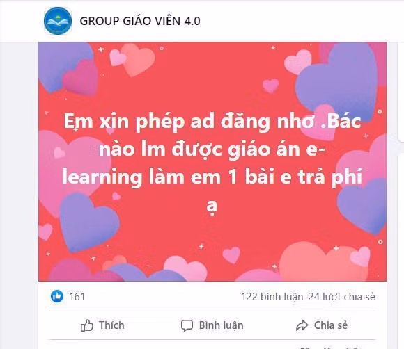 Giáo viên rao mua bài giảng e-Learning trên mạng xã hội. (Ảnh chụp màn hình)