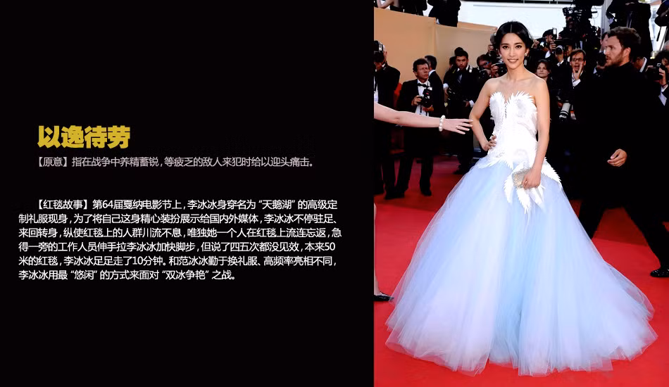 Lý Băng Băng trên thảm đỏ LHP Cannes lần thứ 64 với bộ váy lộng lẫy hồ thiên nga. Trong sự kiện này còn có một Hoa đán khác là Phạm Băng Băng, thế nhưng song Băng đều tránh chạm mặt nhau. Thảm đỏ có chiều dài hơn 50 mét và Lý Băng Băng đã đi đi lại lại gần 10 phút nhưng cũng không chạm trán "kỳ phùng địch thủ".