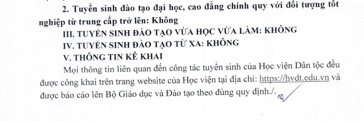 Cuối đề án tuyển sinh của Học viện Dân tộc không có ký xác nhận của thủ trưởng đơn vị và thông tin cán bộ kê khai. Ảnh chụp màn hình
