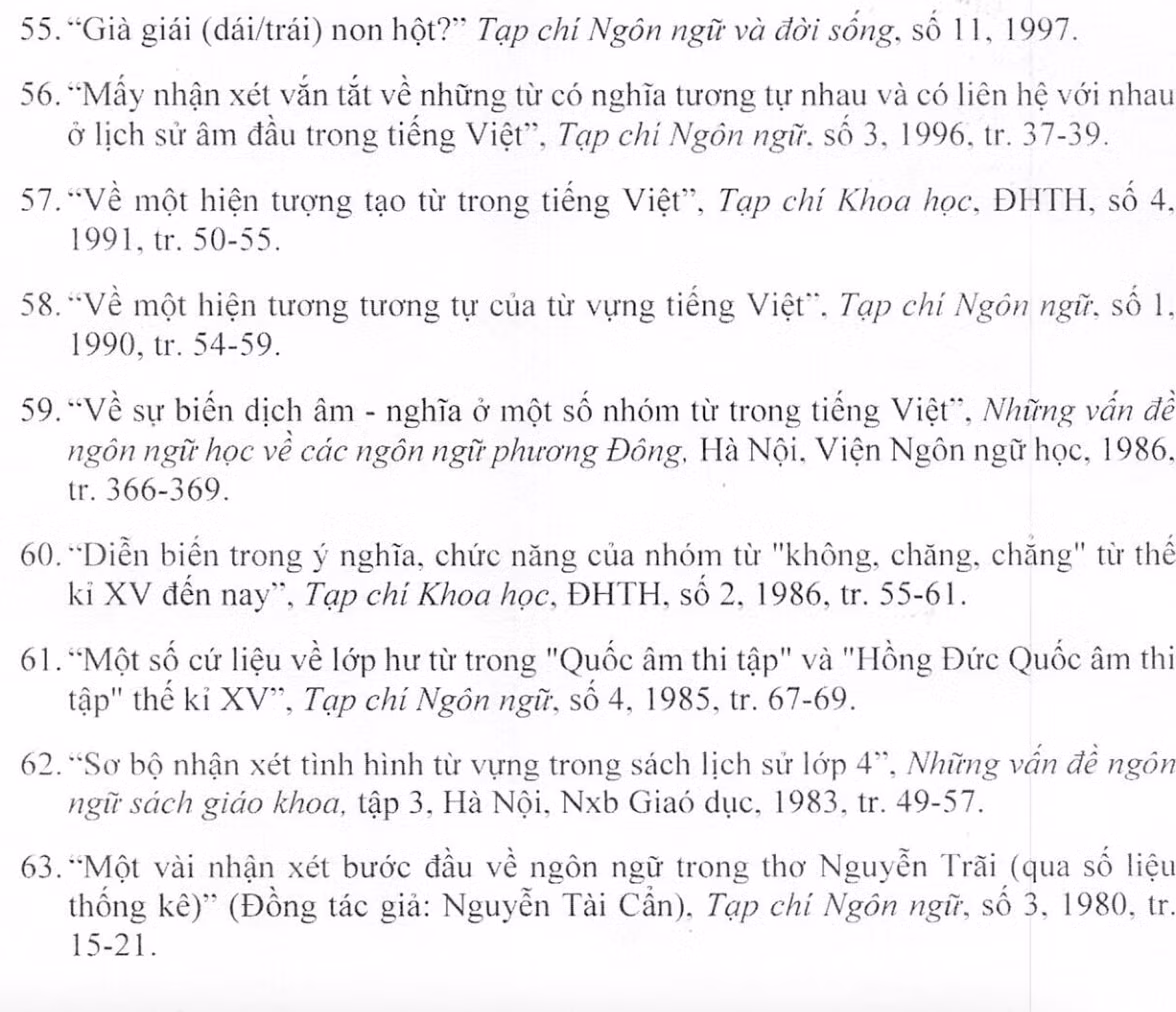 Danh mục một số bài báo của Giáo sư Vũ Đức Nghiệu (ảnh chụp màn hình một phần bản kê khai của thầy Nghiệu)