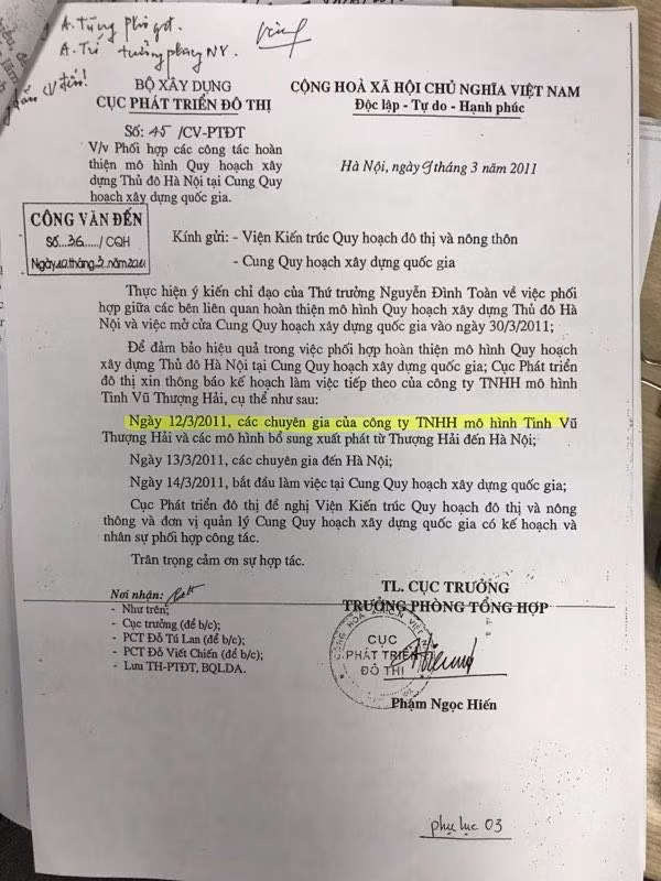 Công văn Thông báo của Cục phát triển đô thị (Bộ Xây dựng) về việc phối hợp các công tác hoàn thiện mô hình quy hoạch xây dựng thủ đô Hà Nội.