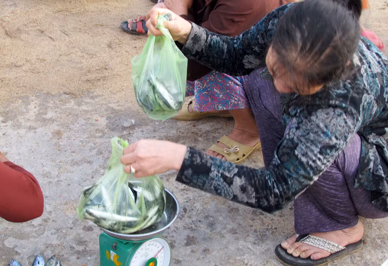 Những người già đi thể dục buổi sáng cũng tranh thủ mua cá về dùng trong ngày.
