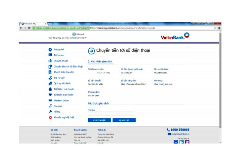 Bước 6: Khách hàng xác nhận các thông tin dịch vụ, nhấn "chấp nhận" để tiếp tục giao dịch hoặc "quay lại" để trở lại from "nhập thông tin giao dịch" Bước 6: Khách hàng xác nhận các thông tin dịch vụ, nhấn "chấp nhận" để tiếp tục giao dịch hoặc "quay lại" để trở lại from "nhập thông tin giao dịch"
