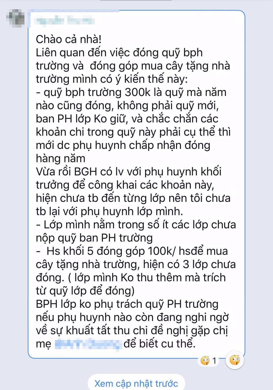 Thông báo từ đại diện Ban phụ huynh lớp. (Ảnh: NVCC) Thông báo từ đại diện Ban phụ huynh lớp. (Ảnh: NVCC)