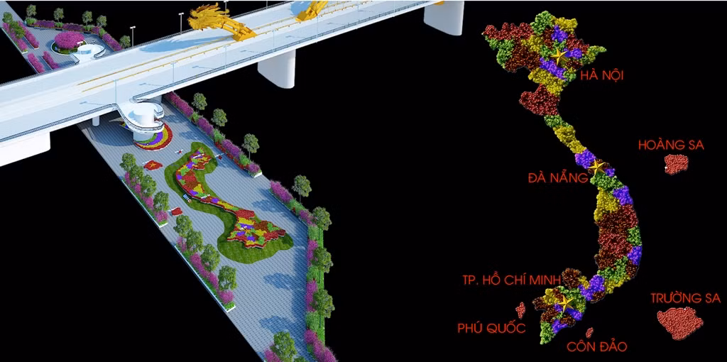 Theo Tổng công ty Cổ phần Đầu tư DHC cho biết, đơn vị tài trợ 100% kinh phí trang trí khu vực cầu Rồng. Đường hoa xuân Trần Hưng Đạo năm nay cũng hòa mình bằng không gian ý tưởng hoàn toàn mới lạ như cô gái vừa chớm Xuân thì.