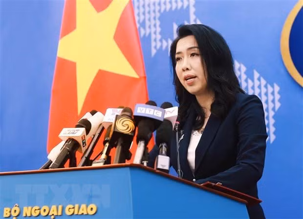 Người phát ngôn Bộ Ngoại giao Lê Thị Thu Hằng chủ trì buổi họp báo thường kỳ tháng 8/2019. (Ảnh: Lâm Khánh/TTXVN)