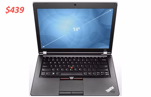 Lenovo ThinkPad E420 (439 USD) Lenovo ThinkPad Edge E420 nổi bật với thiết kế tinh xảo, trọng lượng nhẹ nhàng, bàn phím tuyệt vời và thời lượng pin ấn tượng. Máy dùng chip Core i3-2350M tốc độ 2,3 GHz, màn hình 14 inch độ phân giải 1366 x 768 pixel chống chói, RAm 4 GB. 320 GB ổ cứng.