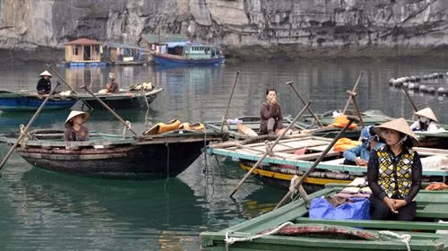 Những người phụ nữ đang chờ khách đi đò ở làng nổi thuộc Vịnh Hạ Long. Đây là điểm đón khách từ thuyền lớn sang thuyền nhỏ muốn vào tham quan quần thể hang động nhỏ được UNESCO xếp hạng di sản văn hóa thế giới. Những người phụ nữ đang chờ khách đi đò ở làng nổi thuộc Vịnh Hạ Long. Đây là điểm đón khách từ thuyền lớn sang thuyền nhỏ muốn vào tham quan quần thể hang động nhỏ được UNESCO xếp hạng di sản văn hóa thế giới.