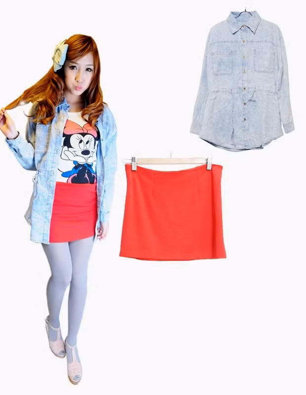 Bộ 4: Nhí nhảnh với áo pull hình thú và chân váy cam đỏ rực rỡ. Nếu nơi bạn chuẩn bị ghé thăm là trung tâm thương mại, bộ đồ này đáng để khiến các tín đồ yêu thời trang phải tròn mắt.