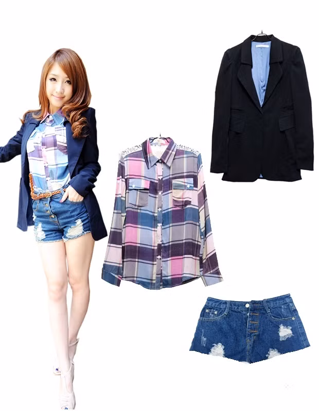 Bộ 5: Không chỉ hợp với tiết trời lạnh Hà Nội, áo khoác blazer cũng sẵn sàng “cặp đôi” với nắng Sài Gòn. Sẽ là tuyệt nhất nếu bạn lựa áo sơ mi ca rô cùng quần sooc bò xinh xắn đi kèm.
