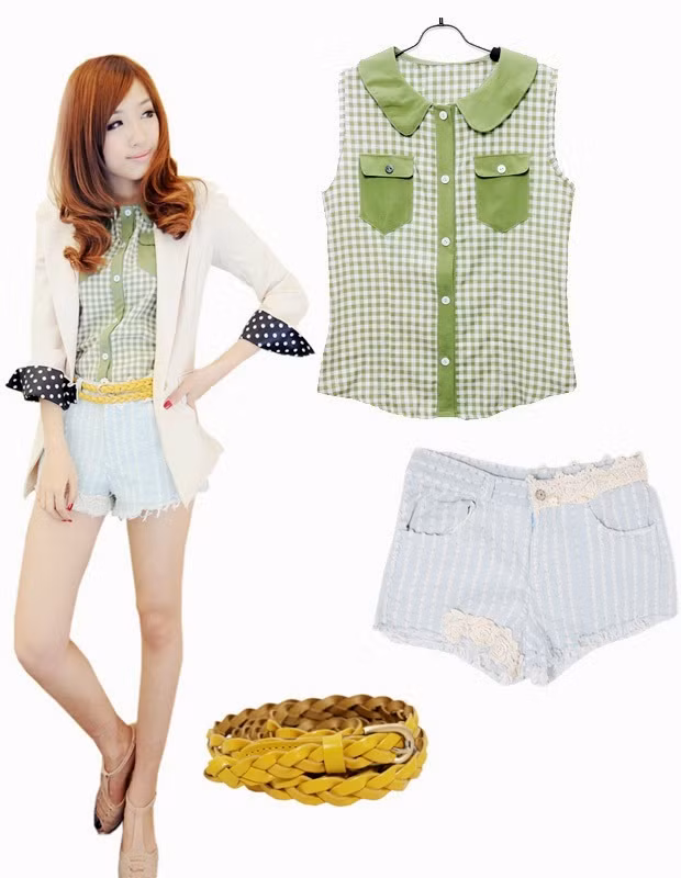 Bộ 6: Thanh lịch và tinh tế, đó là cảm giác style này mang lại. Áo kẻ xanh xinh xắn, áo khoác lỡ tay điệu đà, thêm sóc vải kiểu dáng cách tân, bạn sẽ là người nổi bật nhất trong đám bạn cho xem.