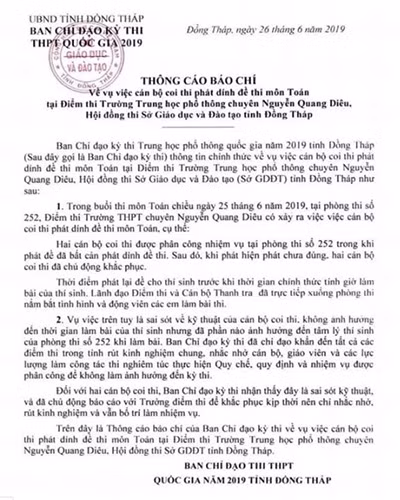 Thông tin chính thức về sự việc của Sở Giáo dục và Đào tạo tỉnh Đồng Tháp (ảnh: CTV)