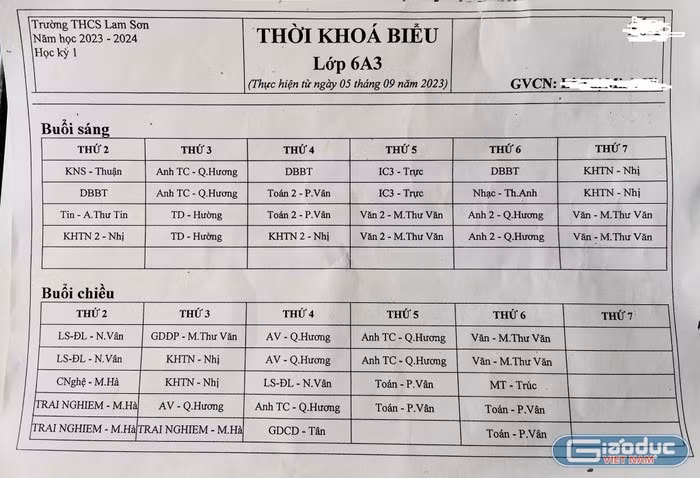 Thời khóa biểu lớp 6A3 của Trường trung học cơ sở Lam Sơn, Quận 6, Thành phố Hồ Chí Minh. Chú thích: Văn 2, Toán 2, KHTN 2, số 2 là để phân biệt môn học buổi 2 các môn này với tiết học chính khóa trong chương trình.(ảnh minh họa: V.D)