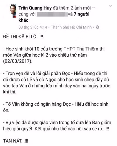 Nội dung mà ông Huy đã viết trên facebook của mình trong ngày 3/3/2017 (ảnh: B.N)