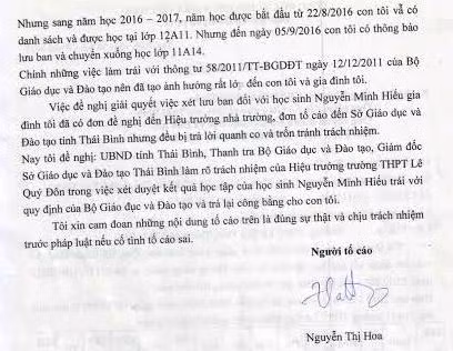 Gia đình bà Nguyễn Thị Hoa cùng một số phụ huynh rất bức xúc trước việc xét duyệt kết quả học tập của trường THPT Lê Qúy Đôn