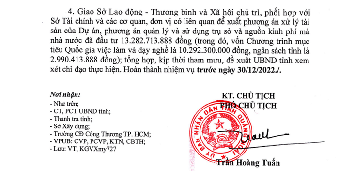 Công văn của Ủy ban nhân dân tỉnh Quảng Ngãi yêu cầu các Sở, ngành liên quan tham mưu cách giải quyết đối với Dự án Trung tâm dạy nghề kiểu mẫu Sơn Tịnh. Ảnh: NP Công văn của Ủy ban nhân dân tỉnh Quảng Ngãi yêu cầu các Sở, ngành liên quan tham mưu cách giải quyết đối với Dự án Trung tâm dạy nghề kiểu mẫu Sơn Tịnh. Ảnh: NP