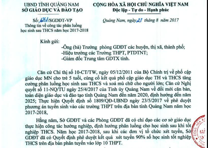 Văn bản của Sở giáo dục Quảng Nam về việc thông tin công tác phân luồng học sinh sau trung học cơ sở năm học 201-2018. Ảnh: TT Văn bản của Sở giáo dục Quảng Nam về việc thông tin công tác phân luồng học sinh sau trung học cơ sở năm học 201-2018. Ảnh: TT