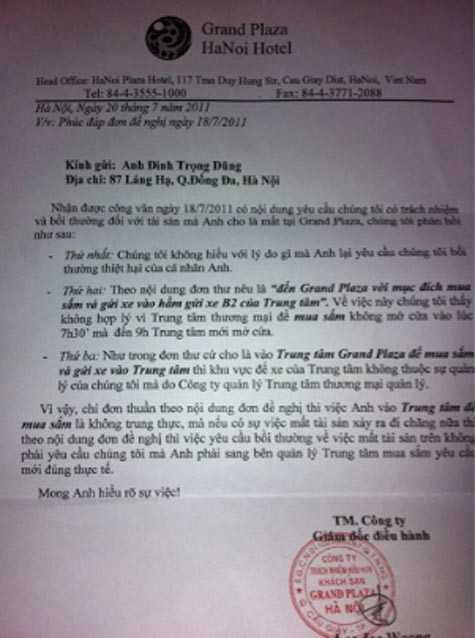 Thư trả lời từ chối bồi thường từ phía khách sạn Grand Plaza. Thư trả lời từ chối bồi thường từ phía khách sạn Grand Plaza.