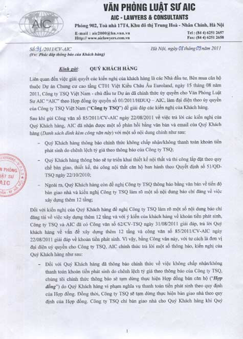 Công văn của Văn phòng luật sư AIC thông báo việc tạm dừng thực hiện Hợp đồng bán căn hộ với khách hàng không thanh toán tiền chênh lệch và không chịu trách nhiệm về việc chậm tiến độ xây dựng của TSQ.