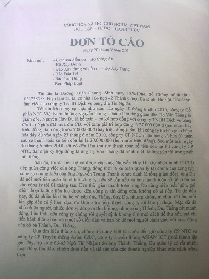 Đơn tố cáo ủa anh Chung gửi các cơ quan chức năng về hành vi gian dối trong làm ăn của Công ty CP NTC.