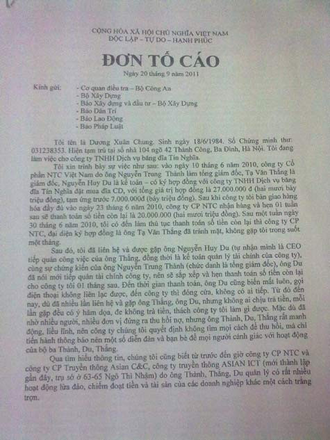 1 trong 4 lá đơn tố cáo BTC "Ngày hội mua nhà giá gốc"gửi tới CLB BĐS Hà Nội.