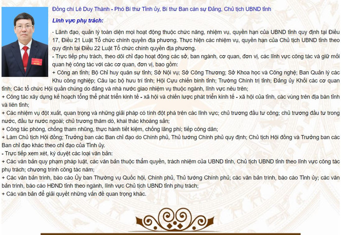 Lĩnh vực phụ trách của ông Lê Duy Thành - Phó Bí thư Tỉnh ủy, Bí thư Ban cán sự Đảng, Chủ tịch Ủy ban nhân dân tỉnh được mô tả trên Cổng Thông tin - Giao tiếp điện tử tỉnh Vĩnh Phúc. Ảnh chụp màn hình.