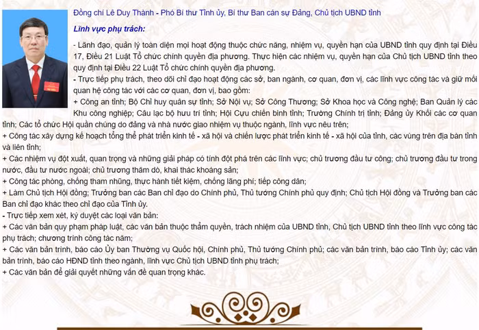 Lĩnh vực phụ trách của ông Lê Duy Thành - Phó Bí thư Tỉnh ủy, Bí thư Ban cán sự Đảng, Chủ tịch Ủy ban nhân dân tỉnh được mô tả trên Cổng Thông tin - Giao tiếp điện tử tỉnh Vĩnh Phúc. Ảnh chụp màn hình.