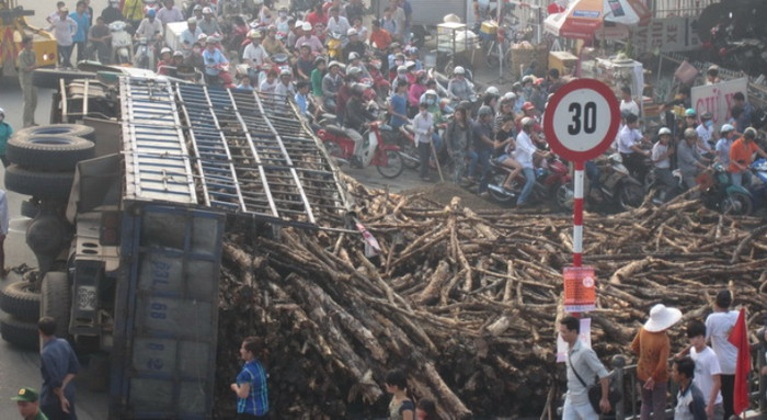 22 tấn gỗ trên xe tràn xuống gây tắc đường