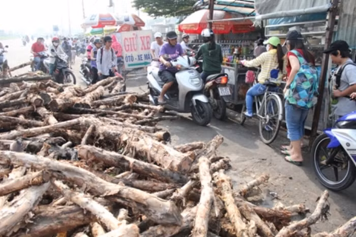 Do gỗ tràn xuống lòng đường nên người dân qua lại khu vực này phải chen chúc, len lỏi phía mép đường
