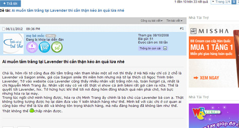 Chủ đề bêu xấu Lavender trên Webtretho (Ảnh chụp màn hình). Chủ đề bêu xấu Lavender trên Webtretho (Ảnh chụp màn hình).