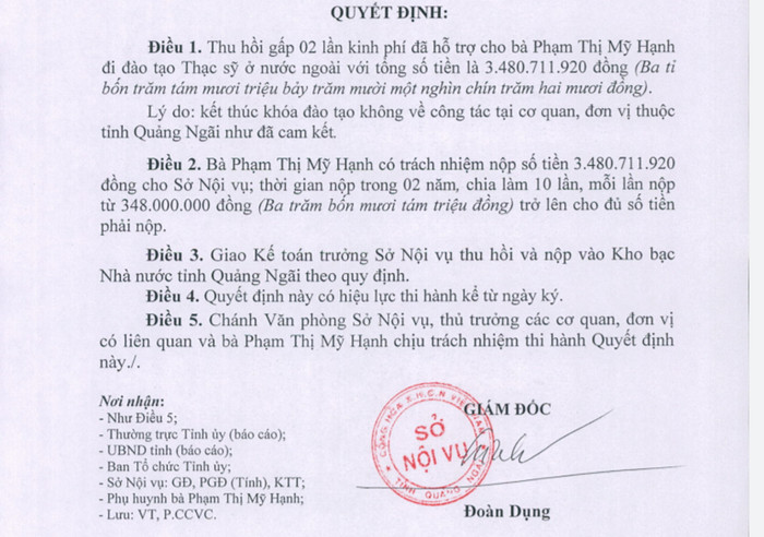 Du học bằng ngân sách không về, con 4 cán bộ ở Quảng Ngãi bồi hoàn 1,1 tỷ đồng Du học bằng ngân sách không về, con 4 cán bộ ở Quảng Ngãi bồi hoàn 1,1 tỷ đồng