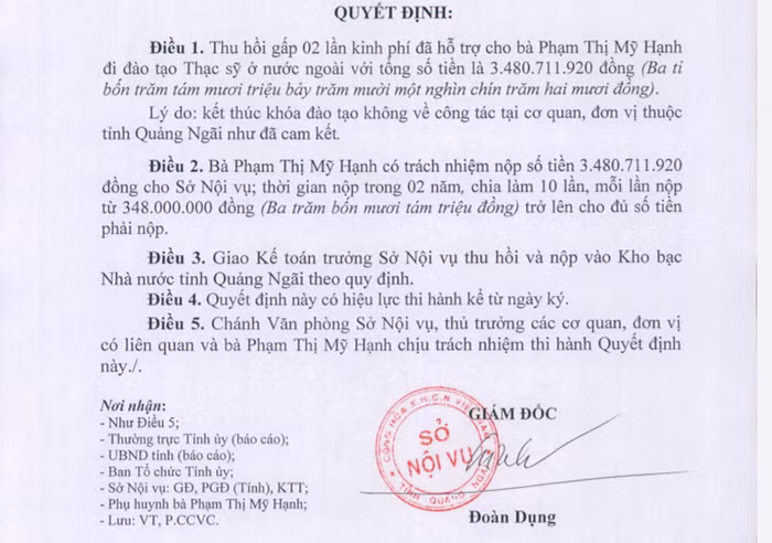 Du học bằng ngân sách không về, con 4 cán bộ ở Quảng Ngãi bồi hoàn 1,1 tỷ đồng
