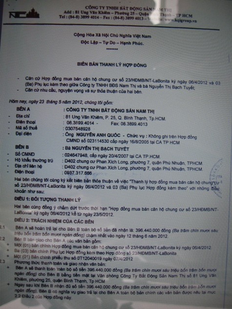 Biên bản thanh lý hợp đồng giữa bà Nguyễn Thị Bạch Tuyết
