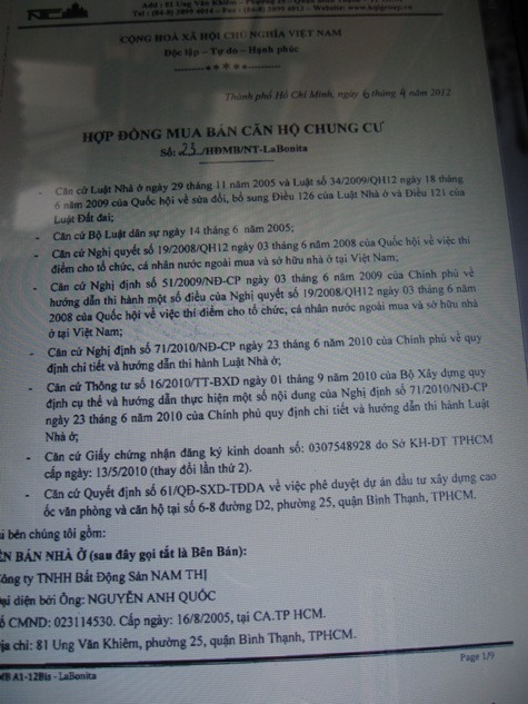 Hợp đồng mua nhà giữa bà Nguyễn Thị Bạch Tuyết với Công ty TNHH BĐS Nam Thị