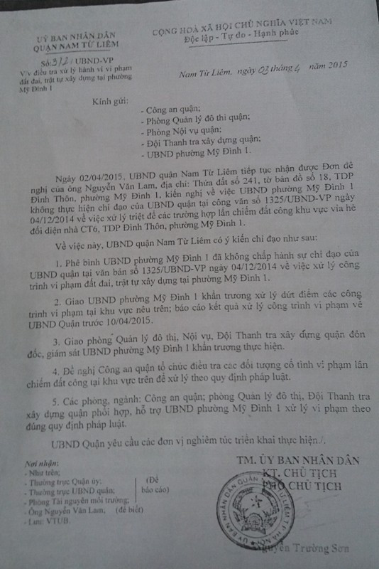Công văn 372/UBND-VP của quận Nam Từ Liêm phê bình phường Mỹ Đình 1 không chấp hành chỉ đạo của quận. Ảnh Trần Việt.