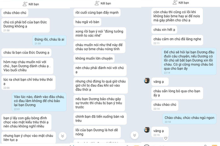 Một đoạn tin nhắn giữa cậu bé lớp 7 bị bạn trêu chọc với phụ huynh của bạn học. (Ảnh: GĐCC). Một đoạn tin nhắn giữa cậu bé lớp 7 bị bạn trêu chọc với phụ huynh của bạn học. (Ảnh: GĐCC).