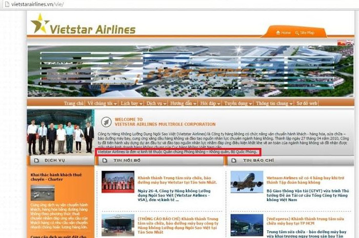 Website của Công ty cổ phần Hàng không Lưỡng dụng Ngôi sao Việt (Vietstar Airlines – VSA) đăng tải thông tin khẳng định doanh nghiệp này là đơn vị kinh tế thuộc Quân chủng Phòng không – Không quân, Bộ Quốc phòng - Ảnh chụp màn hình. Website của Công ty cổ phần Hàng không Lưỡng dụng Ngôi sao Việt (Vietstar Airlines – VSA) đăng tải thông tin khẳng định doanh nghiệp này là đơn vị kinh tế thuộc Quân chủng Phòng không – Không quân, Bộ Quốc phòng - Ảnh chụp màn hình.
