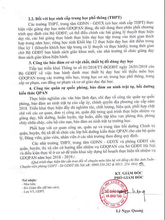 Ngày 07/9/2018, Sở Giáo dục và Đào tạo Hà Nội ban hành Công văn 3744 về việc thực hiện nhiệm vụ giáo dục quốc phòng – an ninh năm học 2018-2019 trong đó yêu cầu các trường trung học phổ thông riêng học sinh Khối lớp 12 thực hiện dạy học dứt điểm trong Học kỳ 1 (khuyến khích học tập trung cả lý thuyết và thực hành)