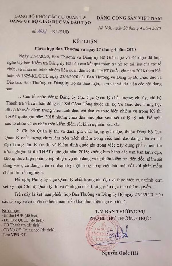 Đảng ủy Bộ Giáo dục và Đào tạo đã có kết luận Phiên họp Ban Thường vụ ngày 27/4/2020